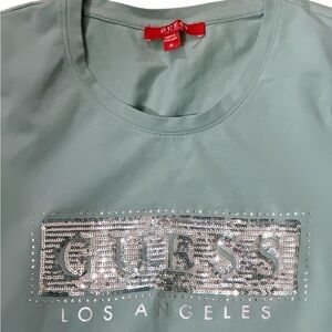 Guess Green Short Sleeve Ruched Mini Dress with Embellished Logo